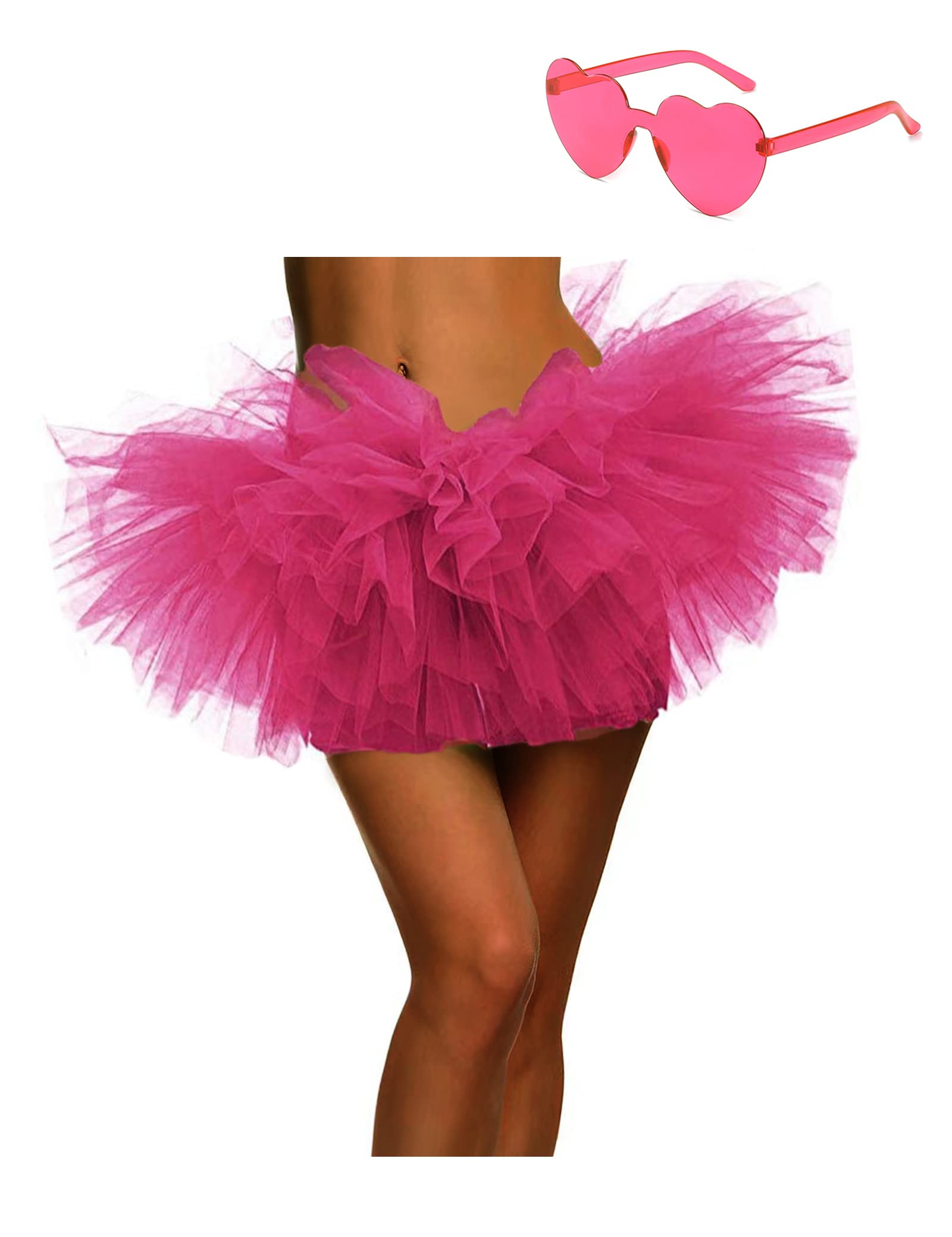 Tutu Skirt 5 Layered with Heart Sunglasses Tutus Tulle Ballet Tutu Skirts for Women & Girls Party Dance Dress (Hot Pink)