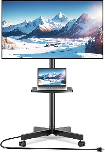 Rfiver Carrito de TV móvil con toma de corriente, soporte de TV rodante para televisores de pantalla plana LCD LED OLED de 23 a 60 pulgadas de
