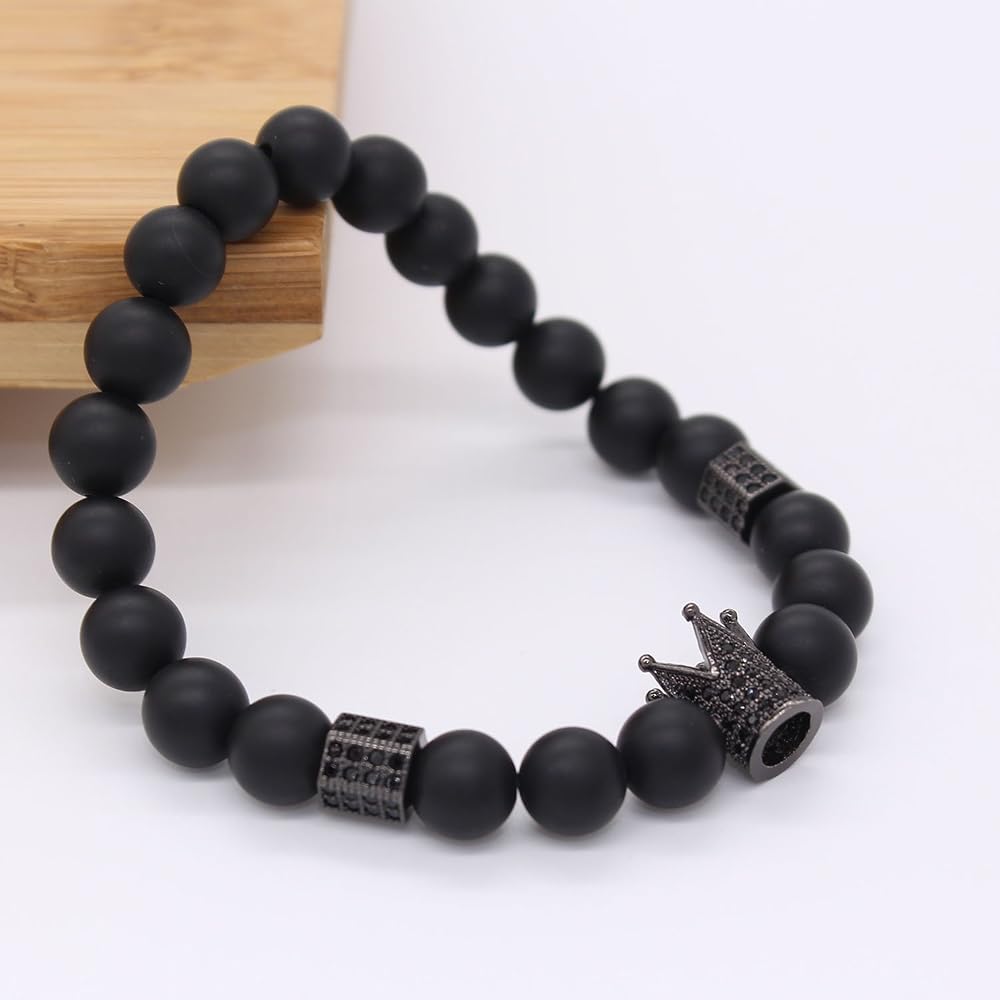 POSHFEEL Men's Black Onyx Crown Charm Stretch Bracelet - 8mm Micro Pave CZ Zirconia King Crown Bracelet 7.5 Inch - View #9