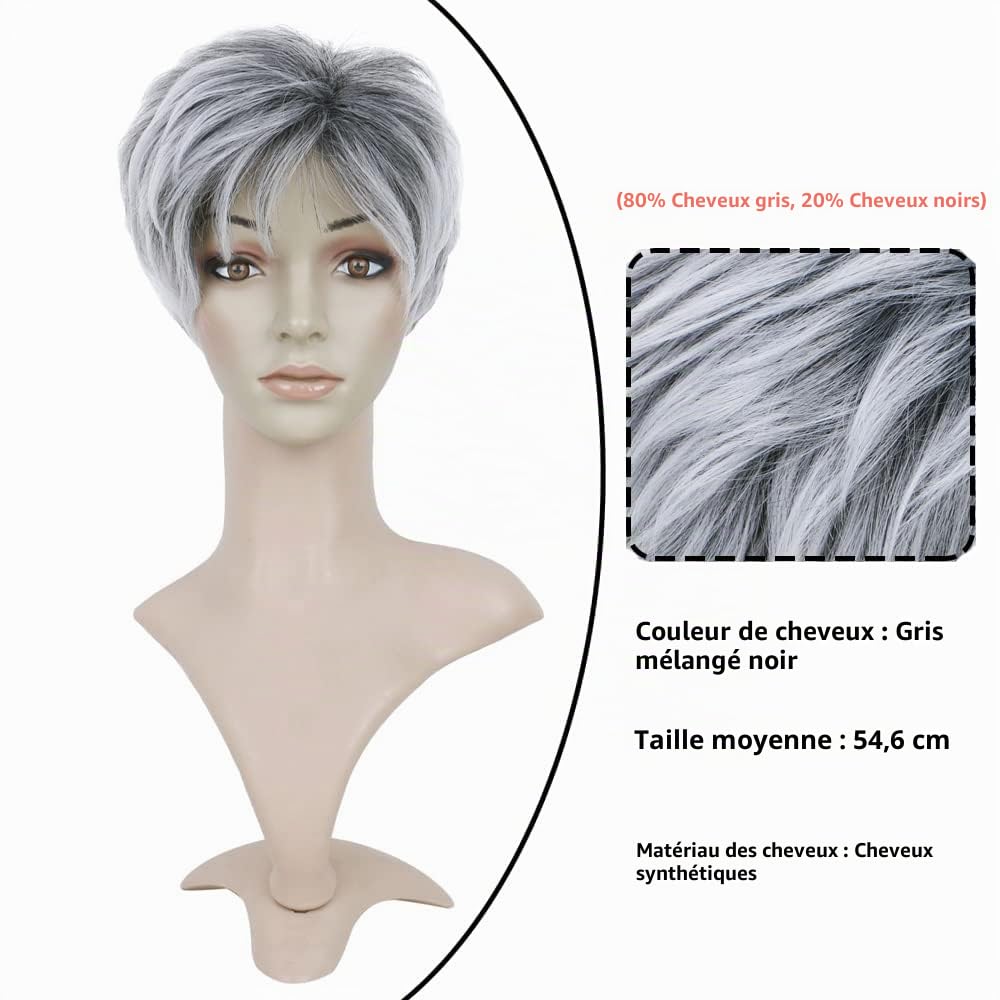 BECUS Perruque Courte Grise Ombrée pour Femme – Perruque Synthétique Naturelle avec Frange pour Usage Quotidien, Cosplay et Fête(Gris Argenté Avec Racines Noires)