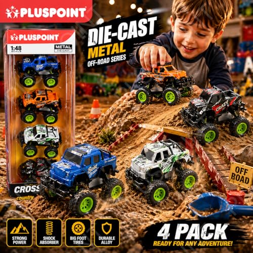 Image of PLUSPOINT 4 Pack Die-Cast Monster Trucks for Kids, Pull Back Toy Cars 1:48 Scale, Metal Body Off-Road Big Tire Trucks with Shock Absorbers, Durable Mini Monster Truck Set for Boys and Girls Ages 3-8