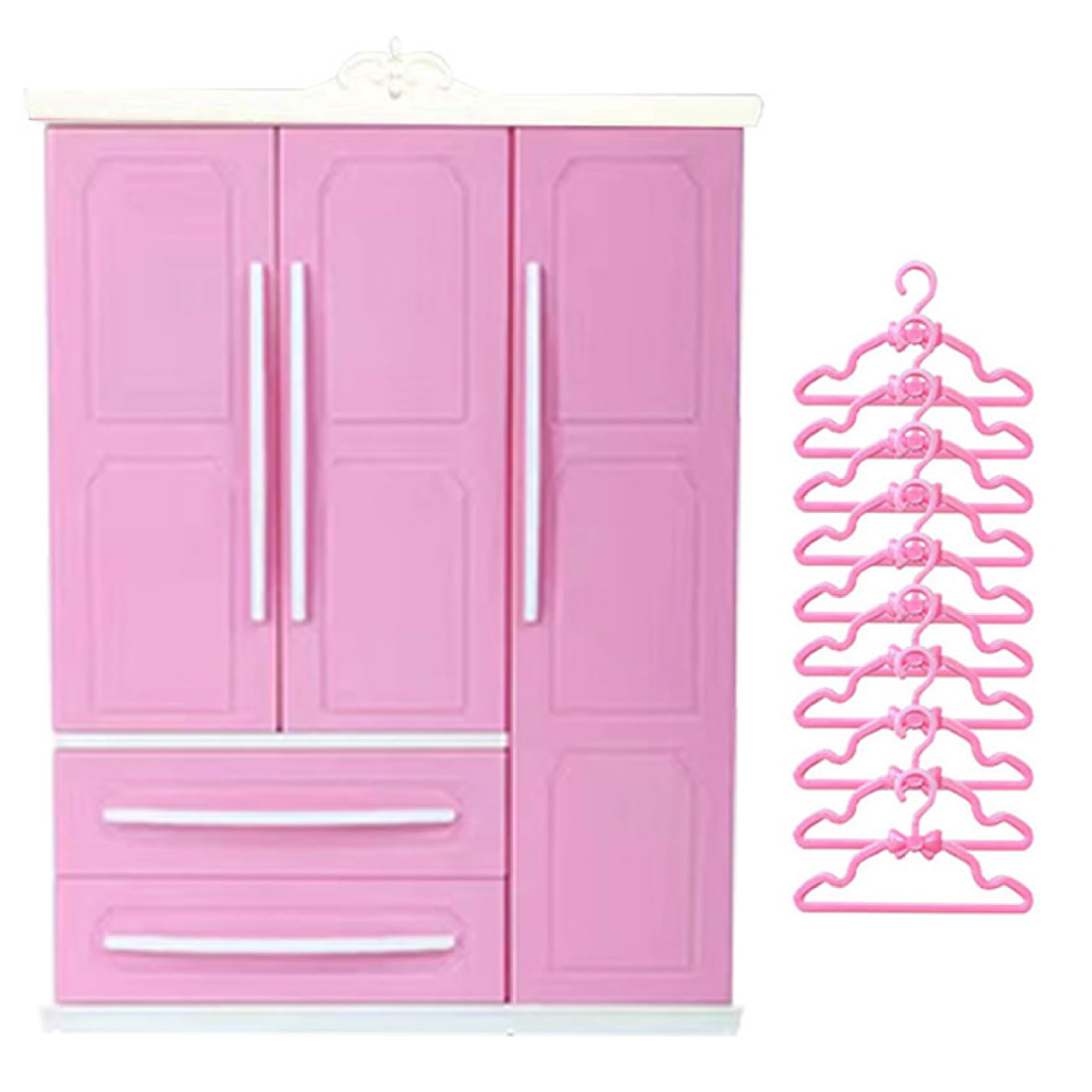 BEAHING Doll Closet, 3 Door 2 Drawer Dollhouse Wardrobe 7x10x3 Dollhouse Furniture with 10 Hangers DIY Friendly Miniatures for Setting