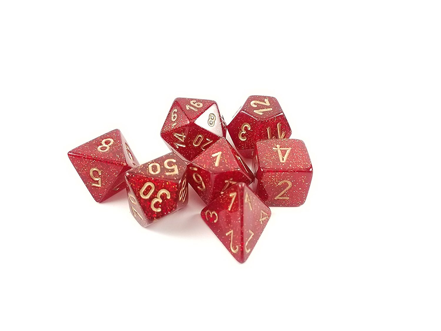 Polyhedral 7-Die Glitter Chessex Dice Set - Ruby with Gold Numbers by Chessex
