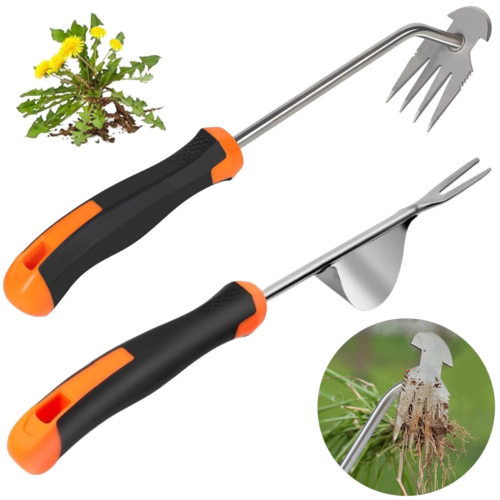 Unkrautentferner, Unkrautentferner, Edelstahl, Handjäter, 4 Zähne, Doppelzweck-Unkrautentferner, Unkrautentferner, Werkzeug für Gartenarbeit