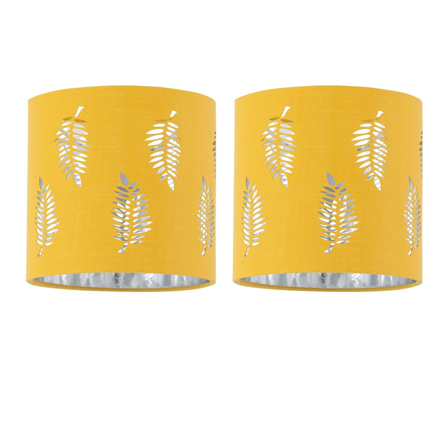 Firstchoicelighting Ochre Set Of 2 Yellow Table Lamp Shades, Lampshades For Table Lamp Or Bedside Light, Fern Leaf Cut Out Design, Diameter 15Cm