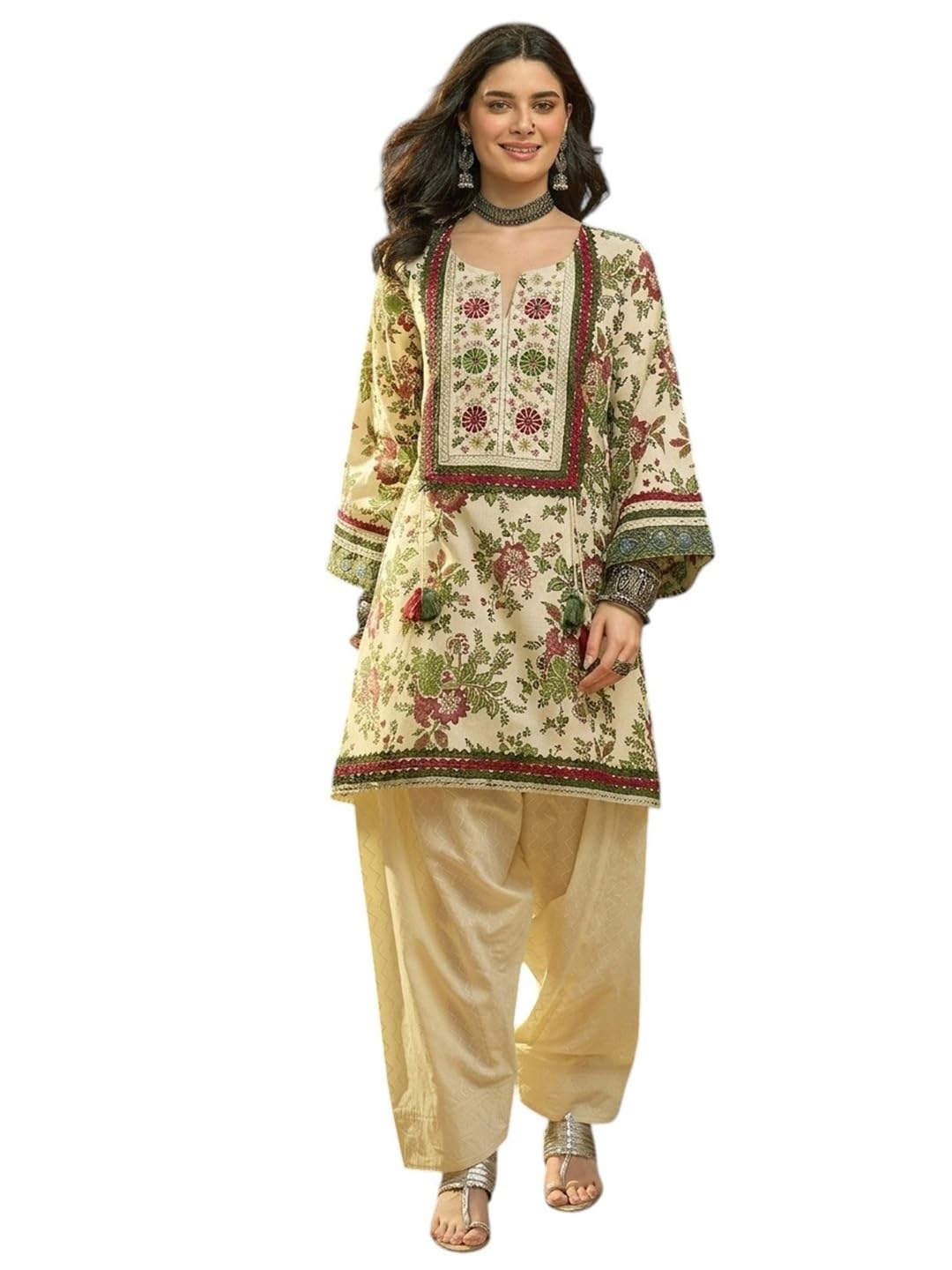 stylum Women's Red Floral Printed & Embroidered Pure Cotton A-Line Kurti Farshi Salwar Set-picture-21
