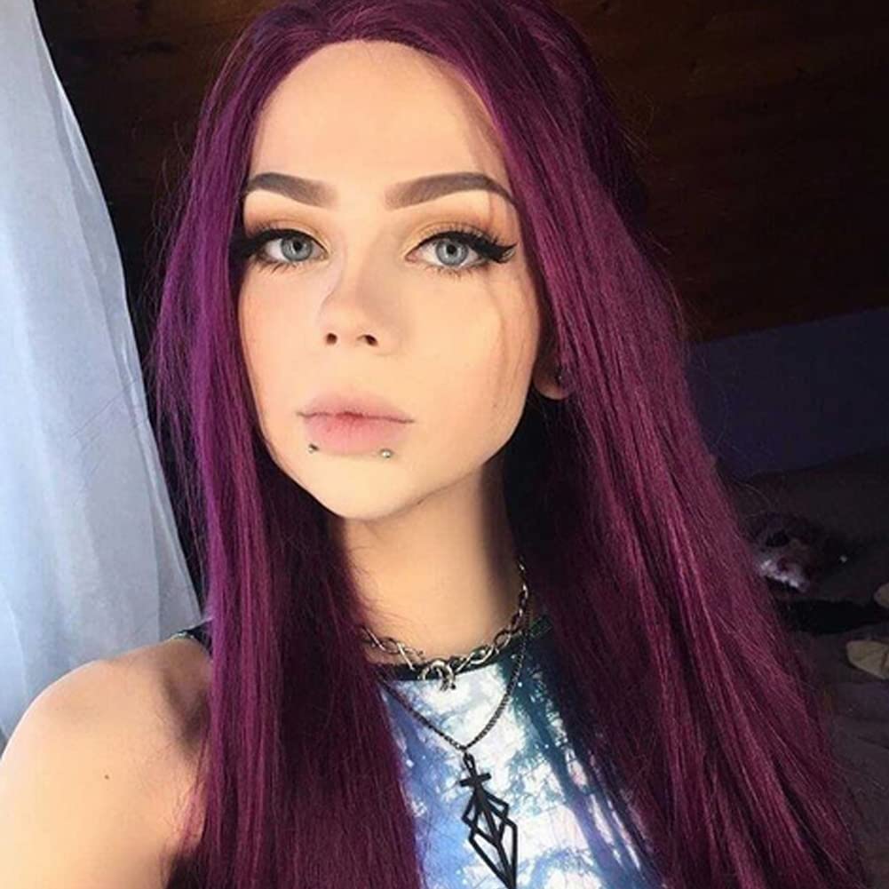 AFBeauty Purple Lace Front Wig Gluless Half Hand Tied Free Part Long Straight Bright Purple Natural Hairline Wigs Heat Resistant Fiber Soft Wigs for Women - Image 2