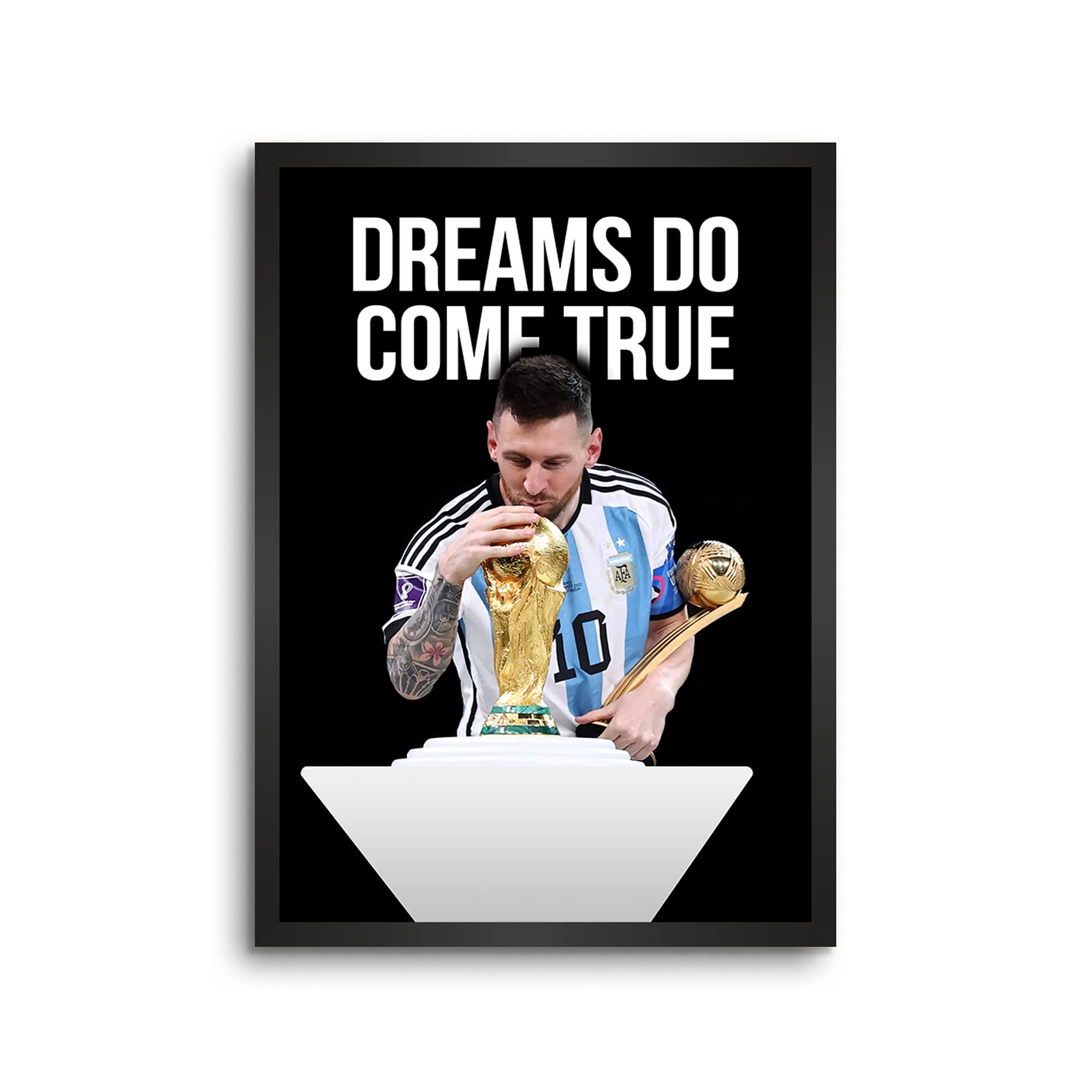 LAMRON Messi The Dream Finally Came True Flag Wall Decoration Art Framed Poster Black FB0176, Essential (12 x 18 Inch), Glass Framed