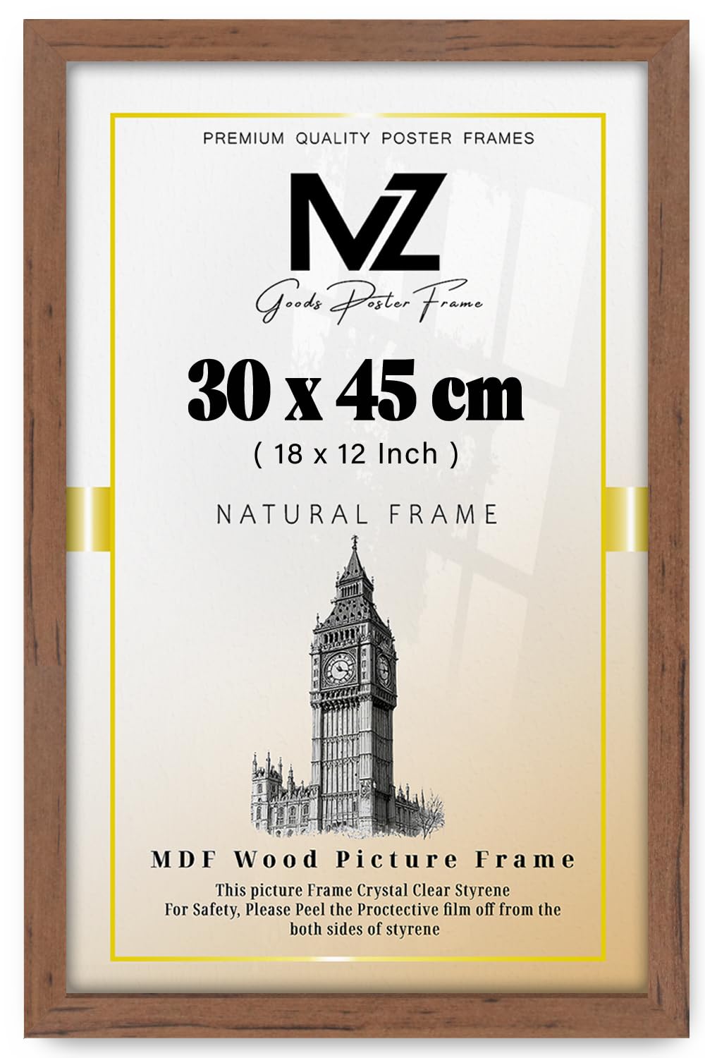 MZ GOODS - Gorgeous Flat Rectangle MDF Wood Wall Hanging (30 x 45 CM) | Poster Certificate Frame with Backboard Styrene Included–18 x 12 Inch for Gifts [ Walnut ]