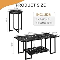 Vista 2 de Lamerge 3 Pieces Living Room Table Set, Faux Marble Coffee Table with 2 Round End Side Tables, Coffee Table Set with Metal Frame for Apartment Home