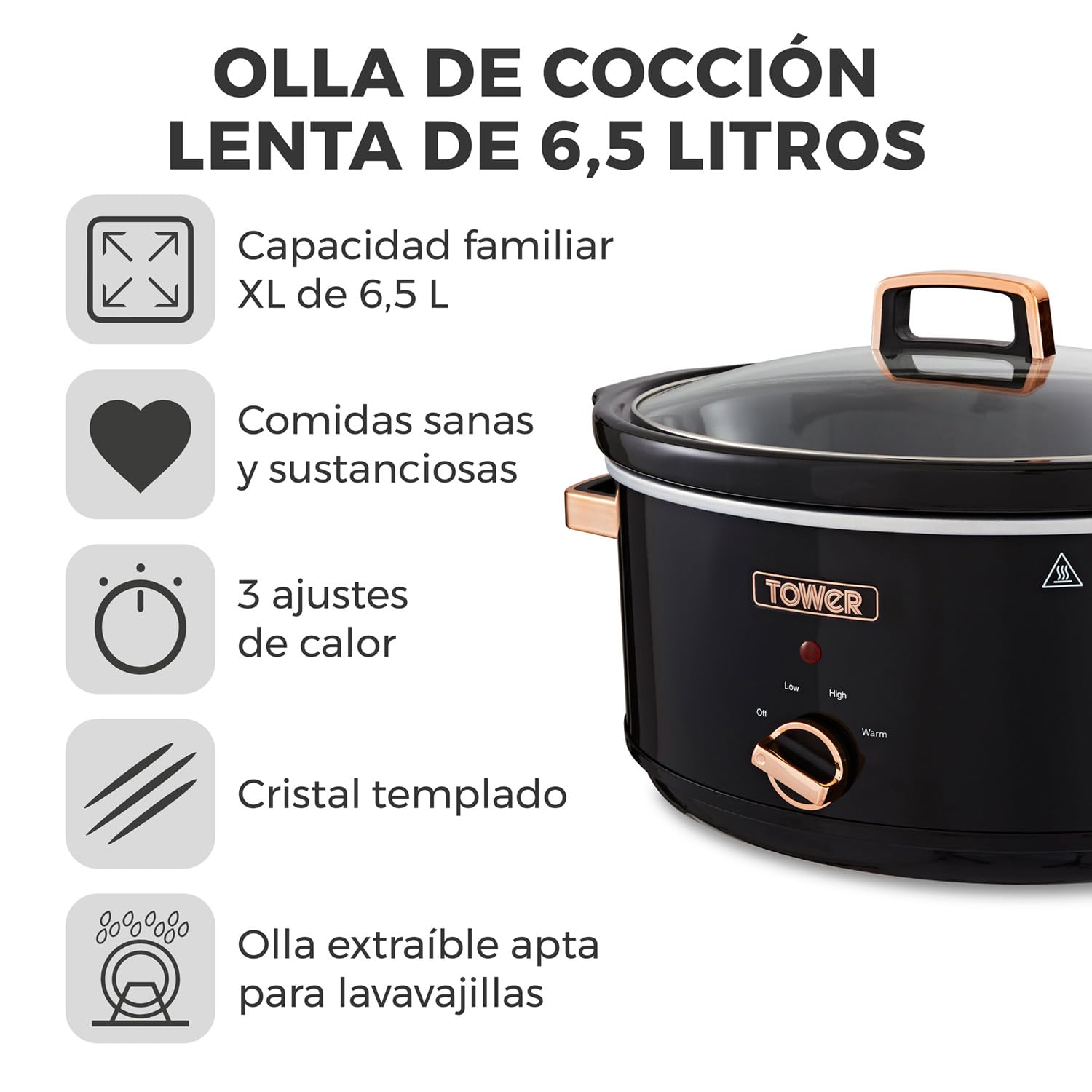 Tower T16019RG Olla de Cocción Lenta Infinity 6.5L 270W Negro Rosa Oro