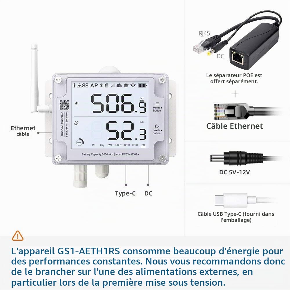 Ubibot GS1-AETH1RS Thermomètre et hygromètre numérique, moniteur de température et d’humidité wifi, enregistrement de données de température à distance (Wifi 2,4 GHz et câble Ethernet RJ45)