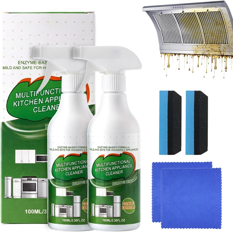 Kitchen Enzyme Cleaner Spray, Multipurpose Kitchen Cleaner Powerful Household Appliance Cleaning Spray, Heavy Duty Degreaser Stain Remover for Oven, Stove, Stovetops, Range Hood (2 Sets)