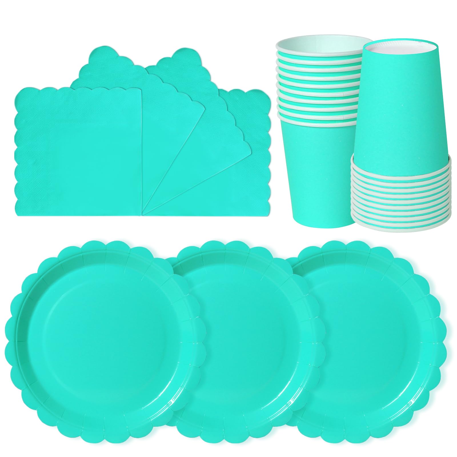 hailstones Teal Disposable Scalloped Party Paper Plates Set Tableware Supplies - 24 Pack of 7 Inch Plates, Cups & Napkins for Kids Birthday Decorations Christening Wedding Shower — image 1