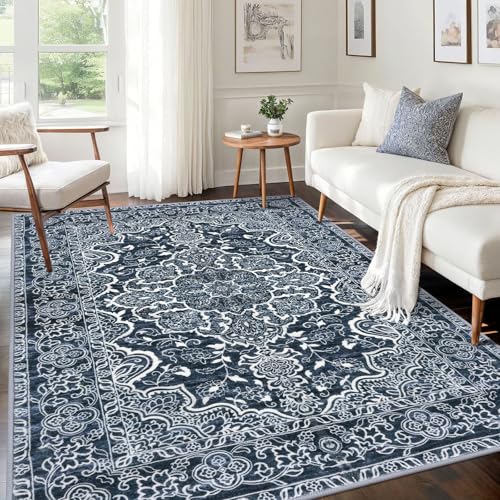 KUTA Area Rug 5x7 Navy Blue, Washable Rugs for Living Room Ultra Soft Non-Slip Printed Flower Distressed Vintage Floral Farmhouse Carpet for Bedroom Dining Room Dorm Office Home Décor