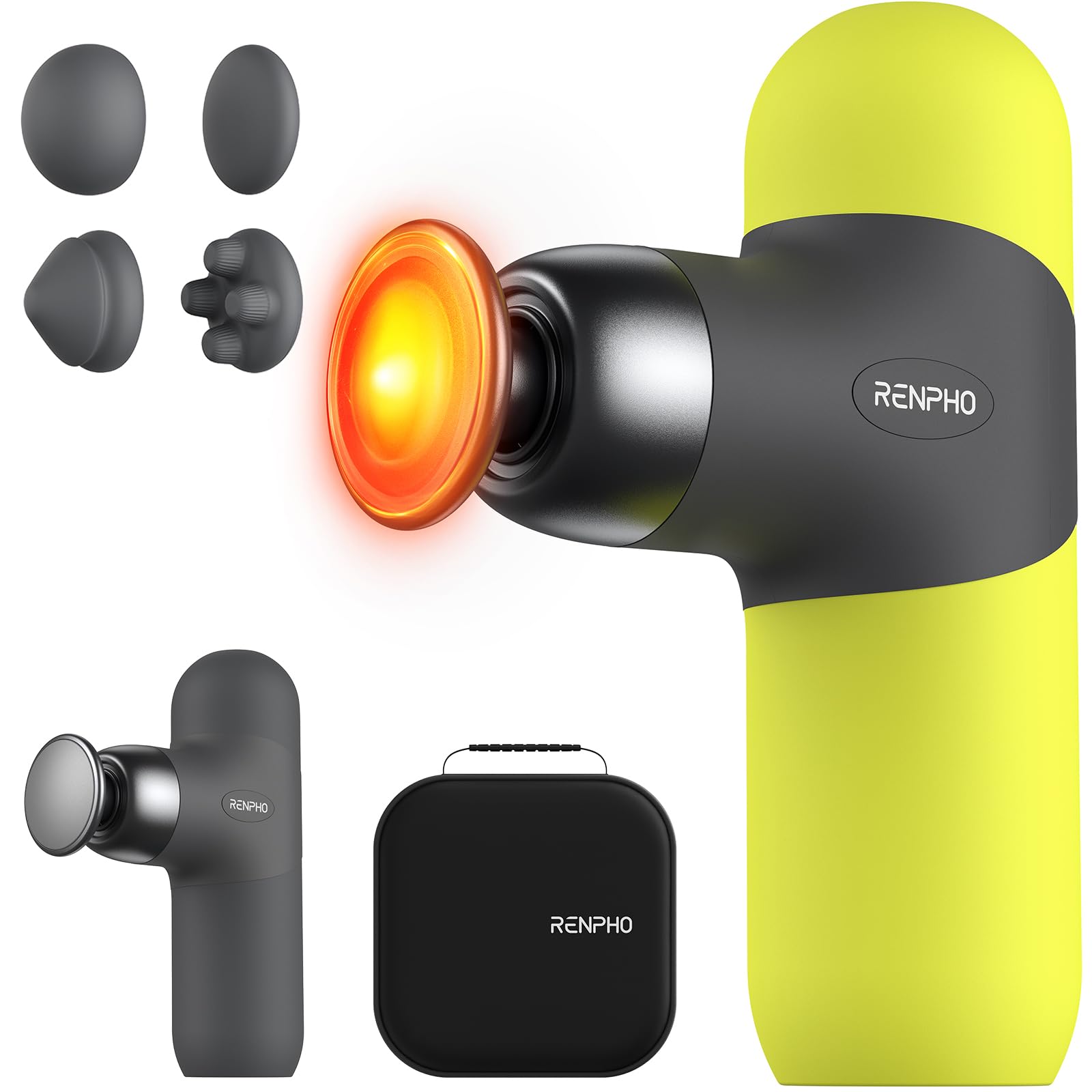 RENPHO Mini Thermal Massage Gun with Heat, Portable Fashion Deep Tissue Percussion Massager, 4 Intensities, 4 Heads, Travel Size with Carry Case, for Athletes, Green