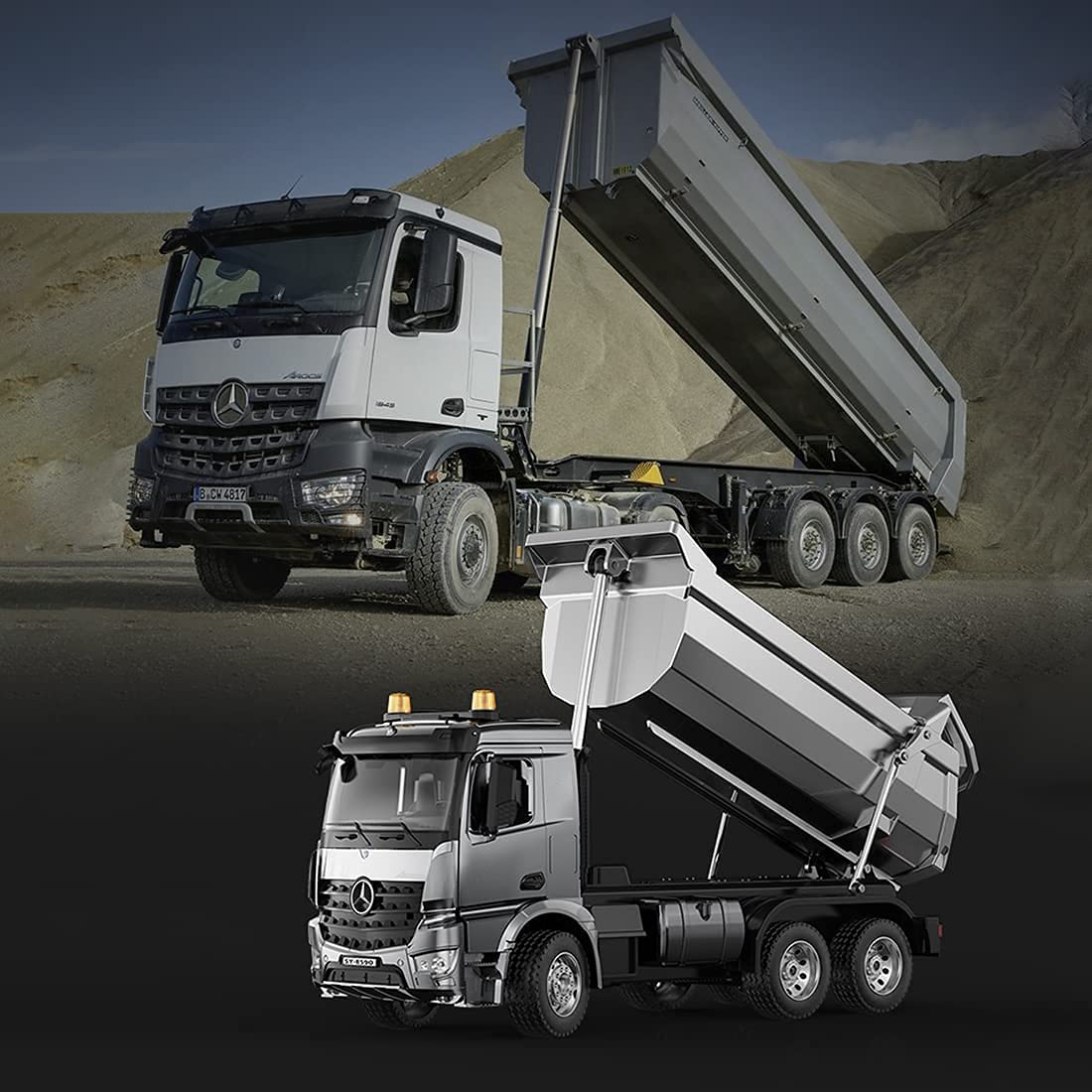 s-idee® E590-003 Mercedes Arocs Camion RC con cassone ribaltabile in metallo 1:20 LKW 10 canali caricatore ribaltabile doppio E CADA E-590