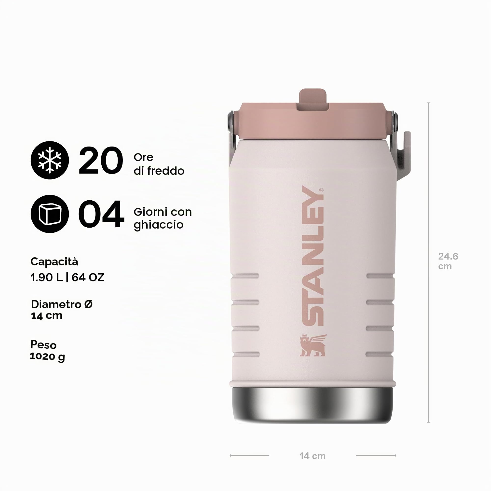 Stanley 1913 Iceflow Flip Straw 2.0 Jug 1.9L - Rose Quartz | 20 Ore Di Freddo - 4 Giorni Di Freddo - A Prova Di Perdite - Borraccia Acciaio - Senza BPA - Lavabile In Lavastoviglie