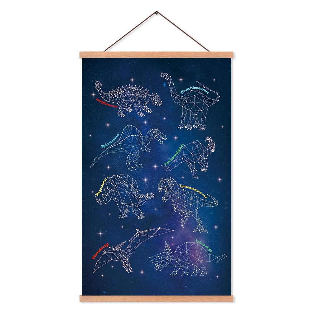 KAIRNE Framed Dinosaur Constellation Art Print, Outer Space Animal Canvas Wall Art,28X45CM Line Dinosaurs Canvas Wall Art With Wood Magnetic Poster Hanger Frame For Boy's Playroom Bedroom