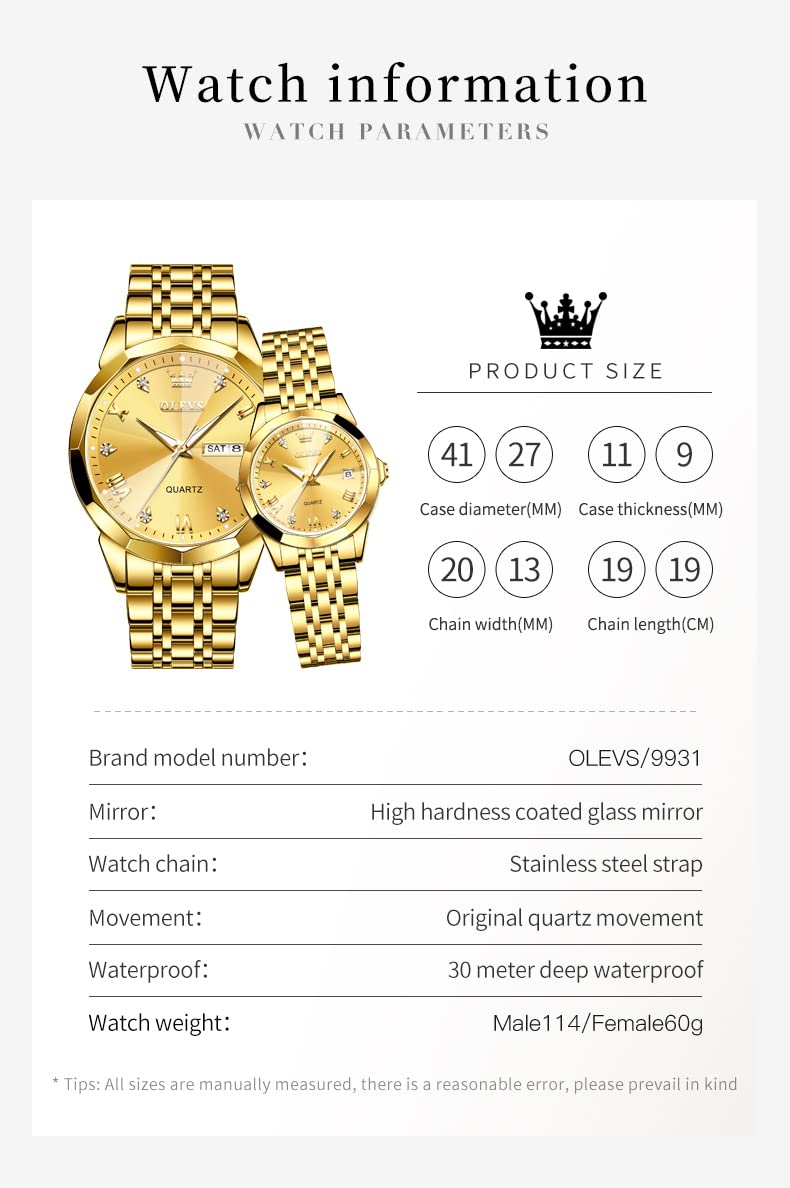 OLEVS Par de relojes de cuarzo para pareja de San Valentín, calendario luminoso, ventana de fecha, 3 ATM, impermeable, casual, acero inoxidable, reloj de pulsera para hombres y mujeres, amantes de la