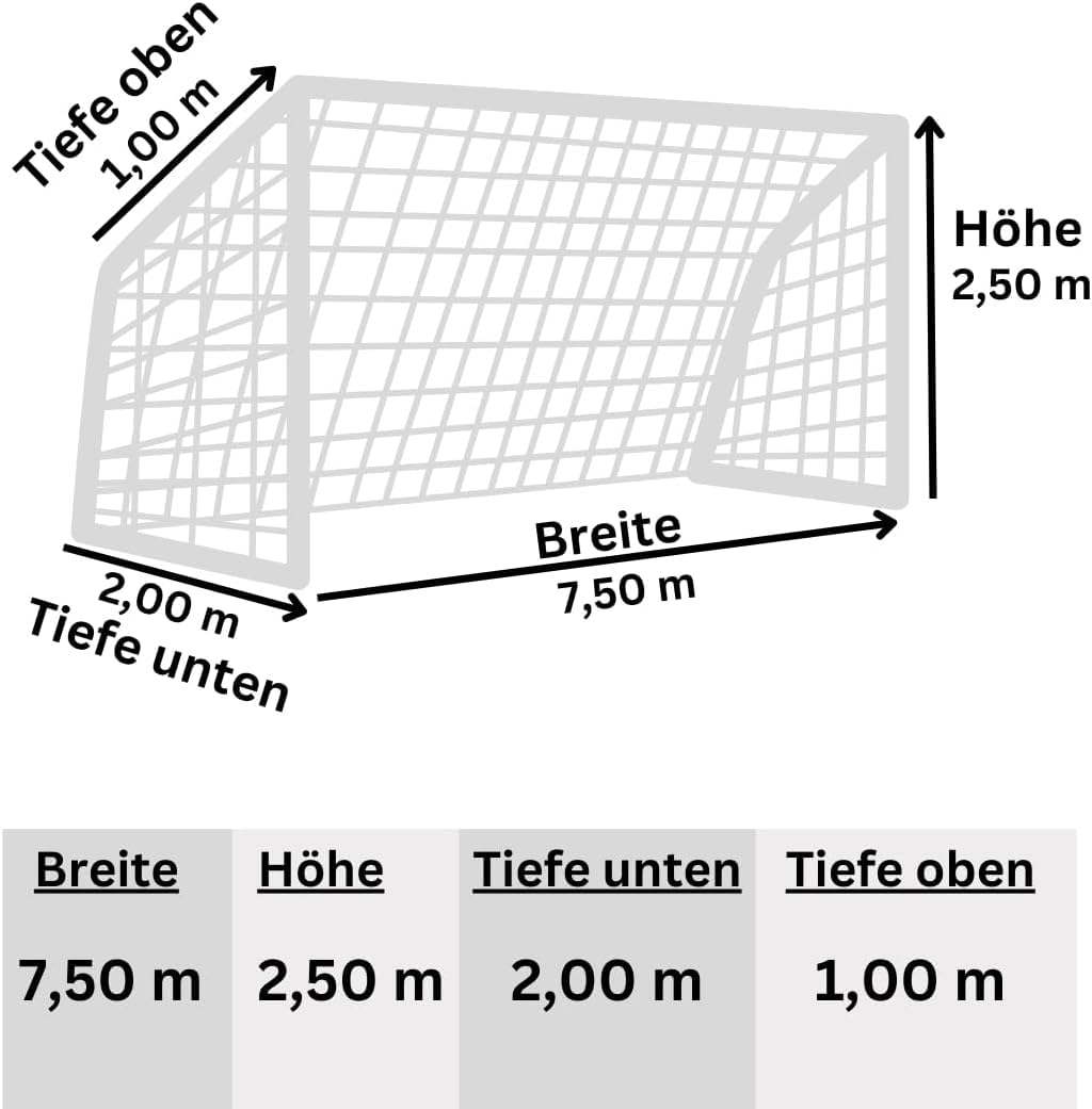 Fußballtornetz Tornetz Ersatznetz 7,50 x 2,50 m PP 4 mm Tiefe 1,00/2,00 m Weiß Knotenlos