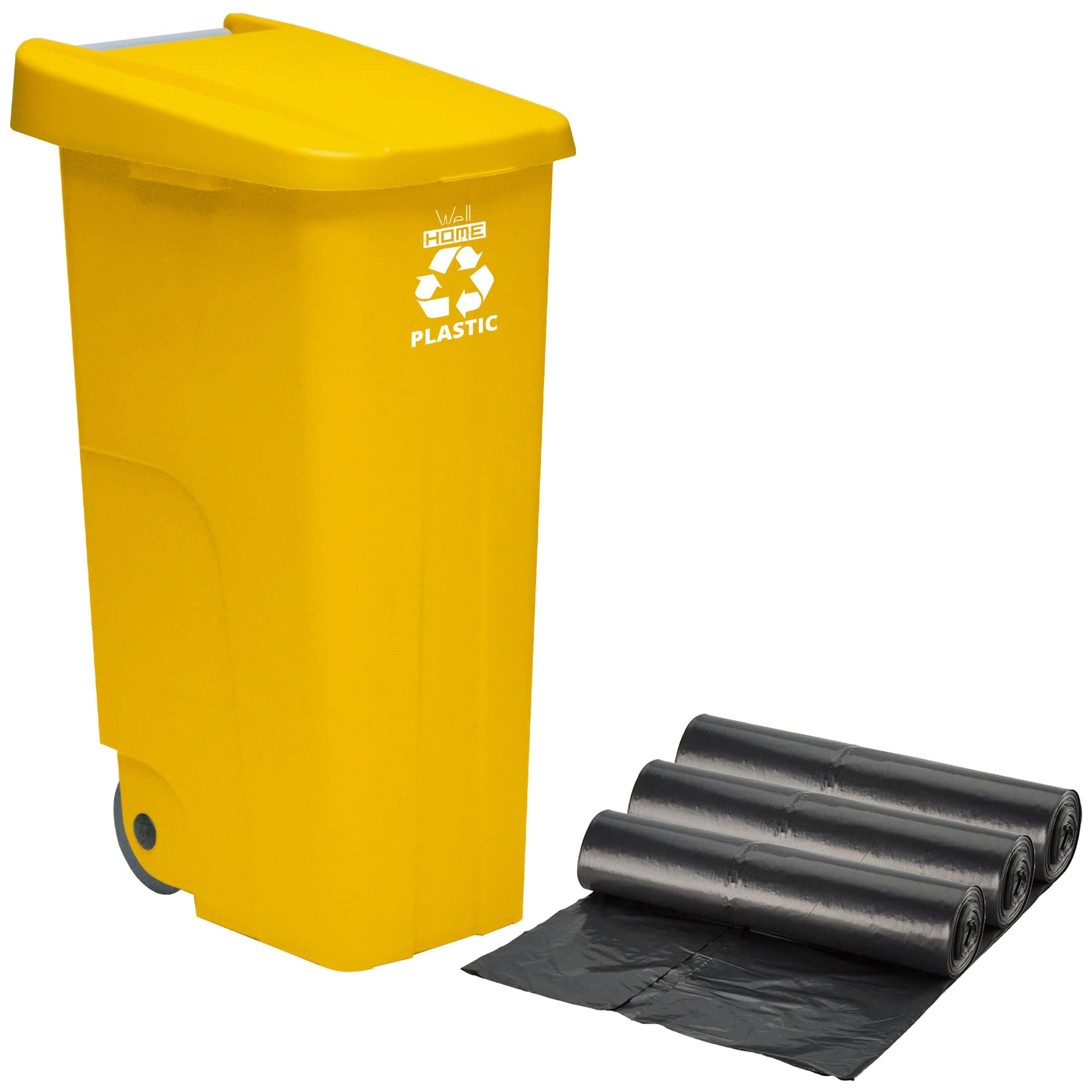 Wellhome ricicla contenitore 110 l, chiuso con coperchio, ideale per il riciclaggio di plastica, con ruote + sacchi di immondizia 3X 10 unità 42x57x88