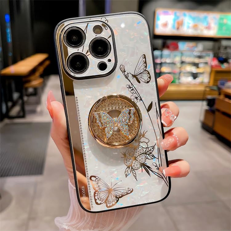 LXXZBC for iPhone 15 Bling Case for Woman Girls Design Luxury Cute Glitter Diamond 3D Butterfly Marble Mirror Pretty with Kickstand Cover Phone Skin,
