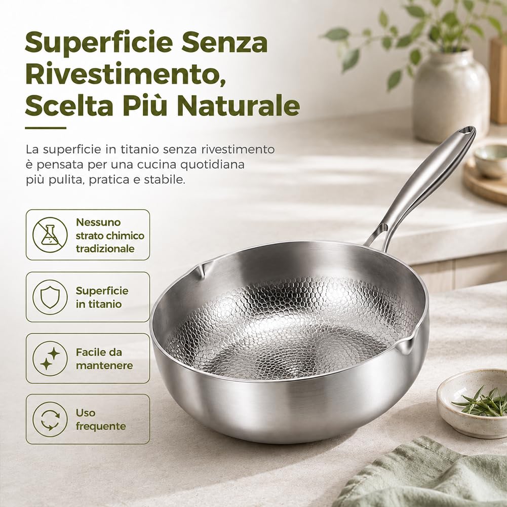 Padella Titanio Puro Antiaderente 18/20/22 cm, Padella in Titanio Senza Rivestimento, Lspessito Ultra-resistente/Resistente ai Graffi/Non Rivestito ，È dotato di coperchio：22cm
