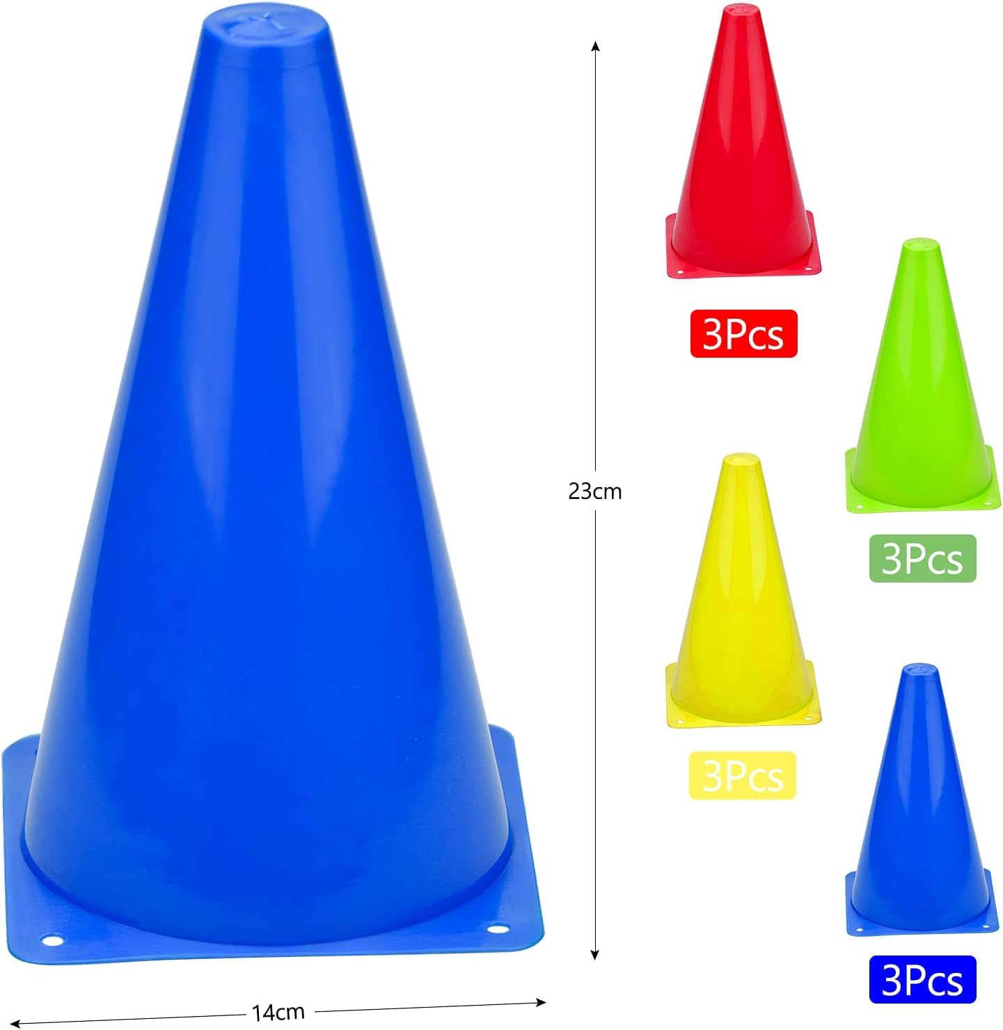12pcs Cônes de Signalisation, 4 Couleurs Cones de Sport 23 Cm, Cone Plastique Activités Intérieures/Extérieures pour Football, Soccer, Jeux, Cône Entrainement, Plot Sport Enfant