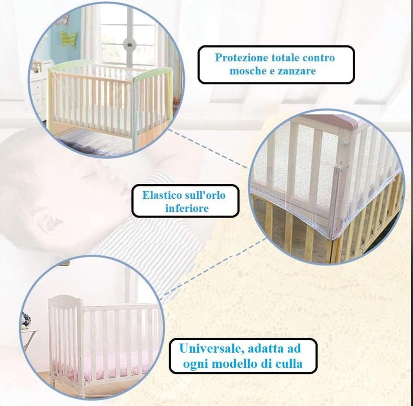 Zanzariera Universale per Culle, Lettini e Carrozzine – Rete Anti Zanzare e Insetti 100% Poliestere Traspirante – Bordo Elastico Facile da Applicare – Colore Bianco, Lavabile a Mano 233207