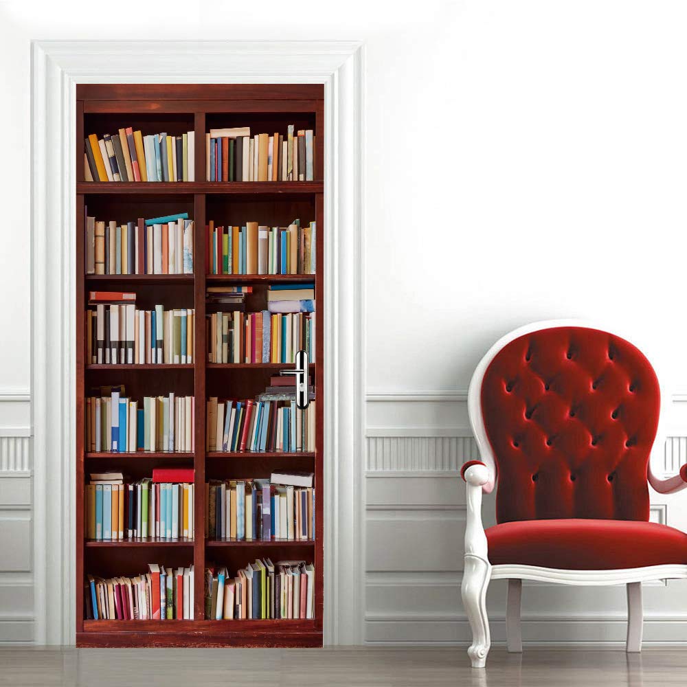 Stickers mural porte 3D motif étagères de livres en vinyle auto-adhésif 63x205 cm