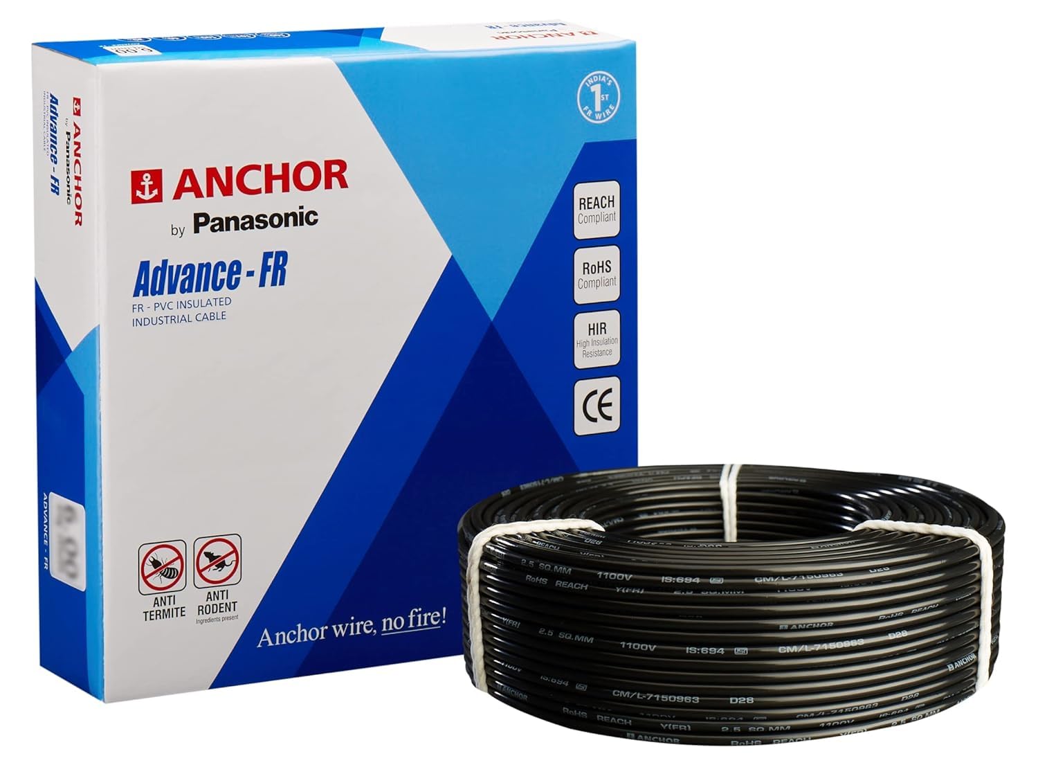 Anchor by Panasonic Advance FR 90m 4 sq.mm Electric Wire, PVC Insulated Class 2 Conductor (100% Copper), Anti-Rodent & Flame Retardant Wire for Domestic & Industrial Use (27426BK)