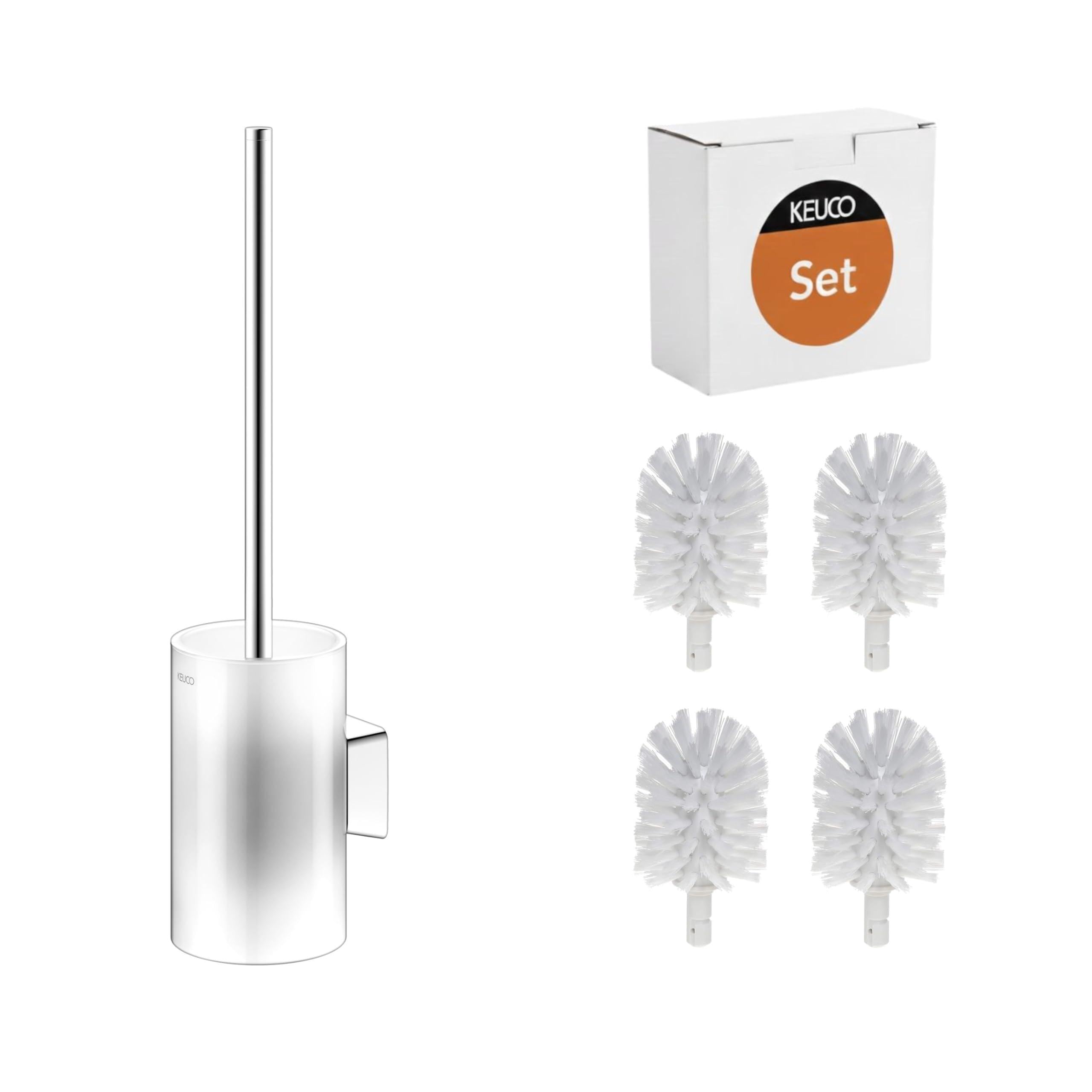 KEUCO Rose Set aus WC-Bürstengarnitur & 4 Bürstenköpfen, ohne Bohren, Chrom | Bürstengarnitur mit Glasgehäuse und Bürste, Ersatzköpfe weiß, inkl. Klebeset und Schraubset, Bürstenhalter mit Klobürste