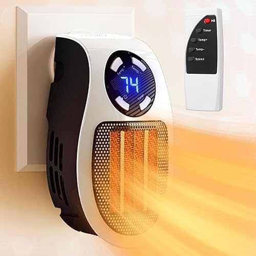 Mini calentador enchufable, calentador de espacio de pared portátil con control remoto, pequeña toma de corriente de calefacción con termostato