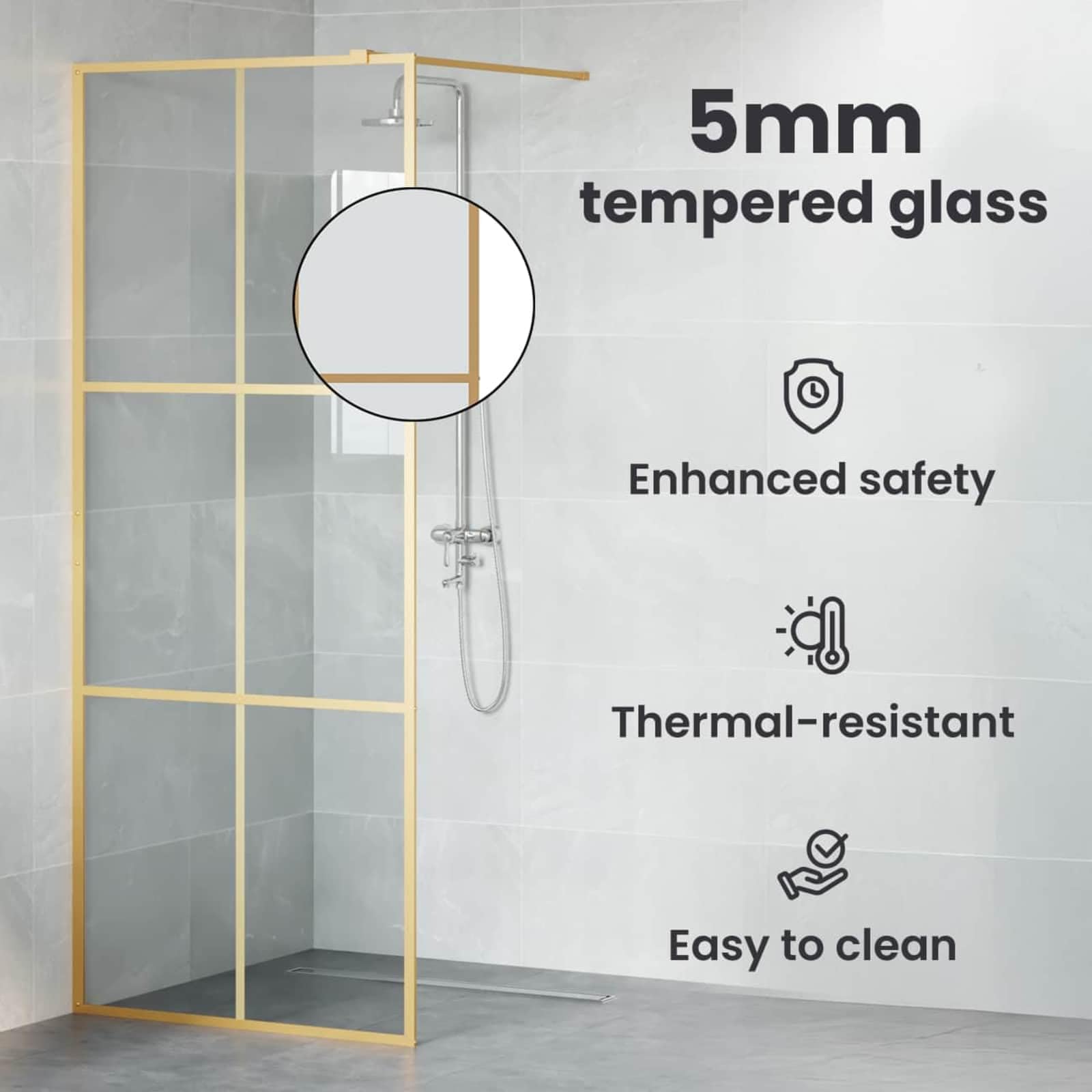 vidaXL Walk-in - Mampara de ducha (cristal templado, 100 x 195 cm), color dorado