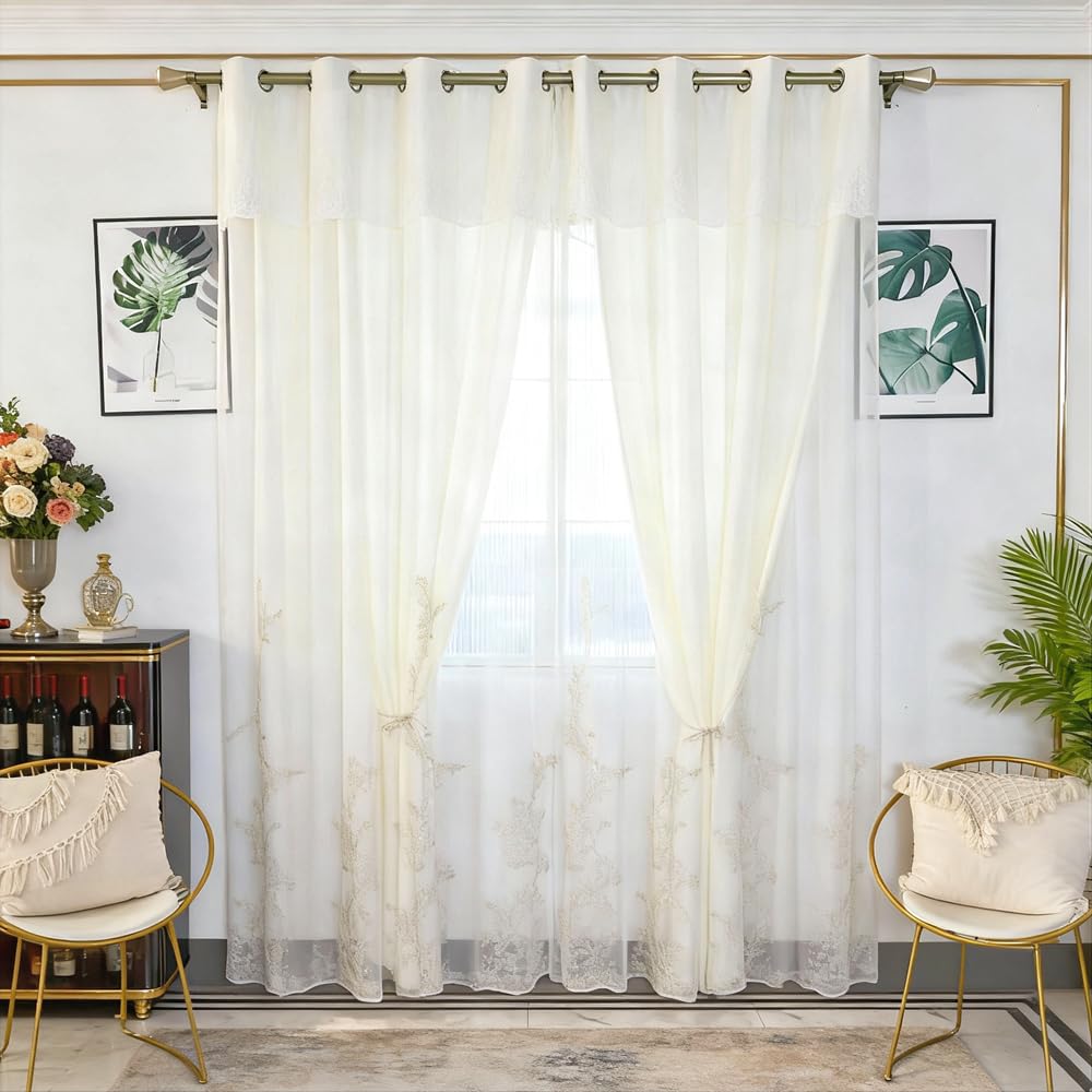 Amidoudou 1 Pair European Double Layer Curtains for Living Room Bedroom Luxury Flower Embroidered Curtains (White,51x84 Inch)