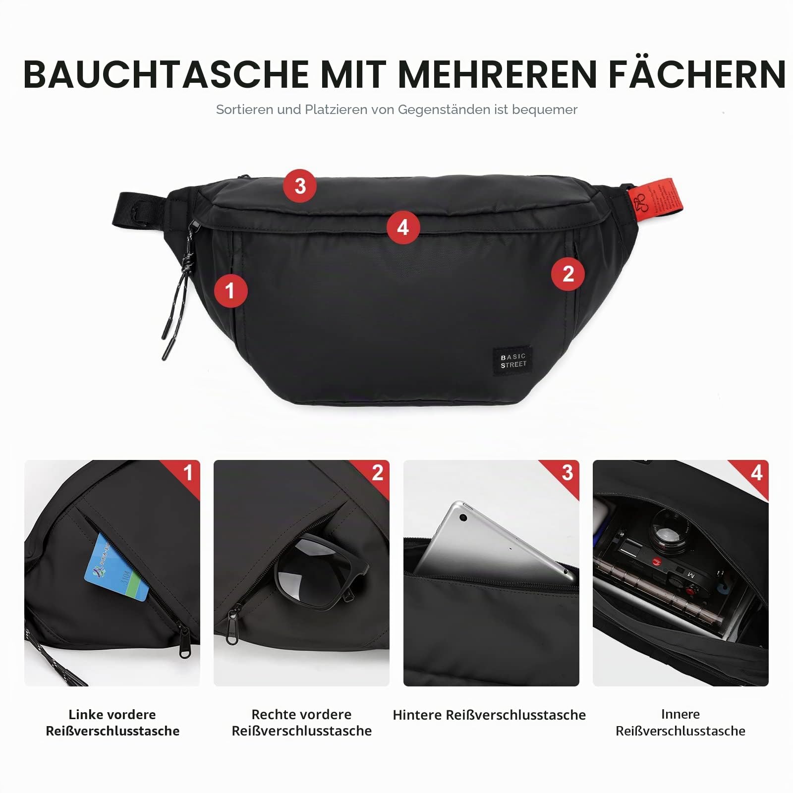 Große Gürteltasche in Übergröße für Männer und Frauen, wasserdicht, Hüfttasche mit verstellbarem Gurt für Reisen, Sport, Wandern, Laufen, Militär, Weiß, Schwarz (mit 5 Reißverschlusstaschen)
