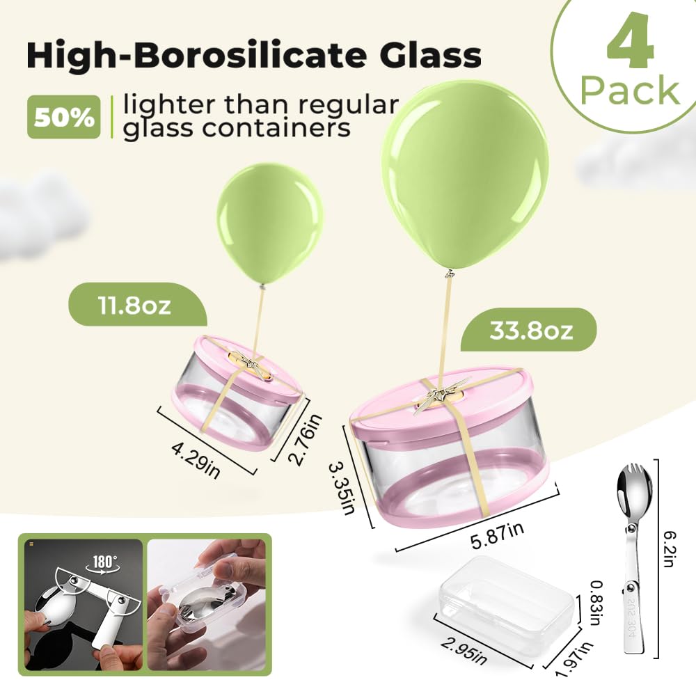 SAYAPE Recipientes de vidrio para almacenamiento de alimentos con tapas herméticas, recipientes de vidrio de borosilicato alto de 33.8 onzas y 11.5 onzas con tenedor, cajas de almuerzo Bento para
