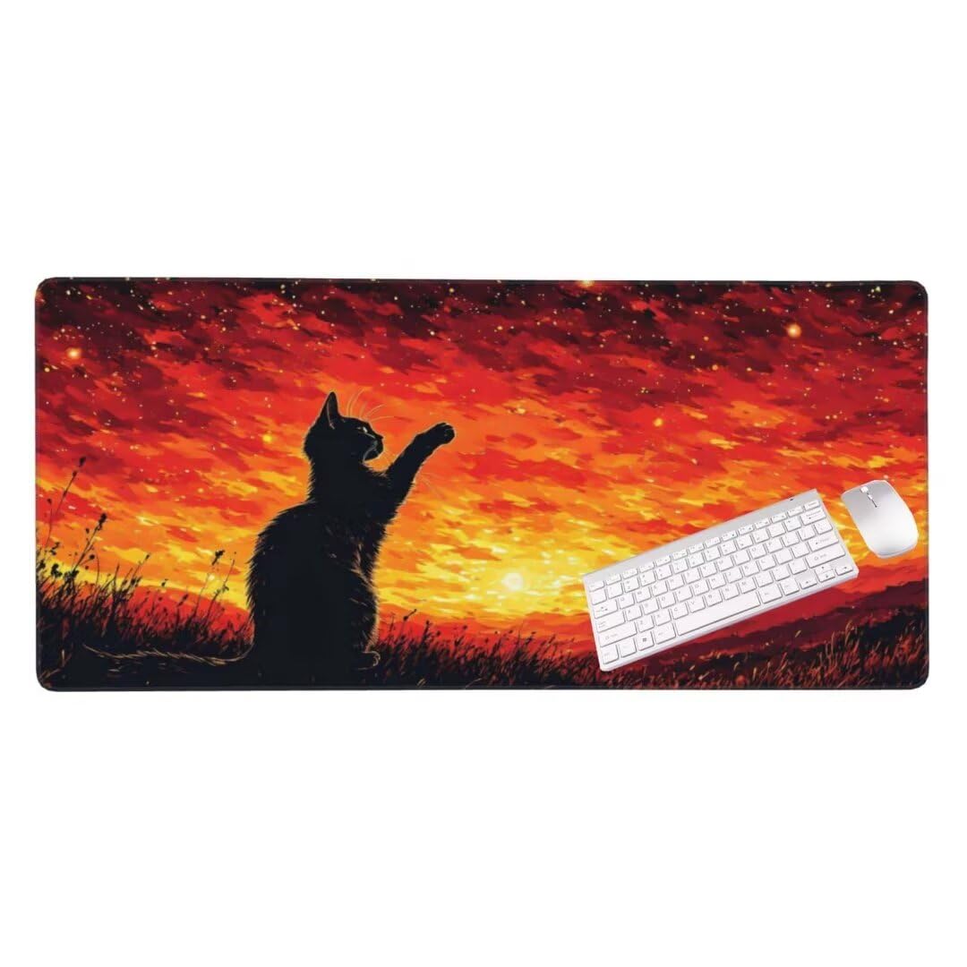 Alfombrilla de ratón 1400x600x3 MM, Alfombrilla Ratón XXL Extendida de Gran Tamaño con Bordes Cosidos, Resiste Salpicaduras, Base de Goma Antideslizante y Almohadilla para Teclado, Sunset CAT S-8333