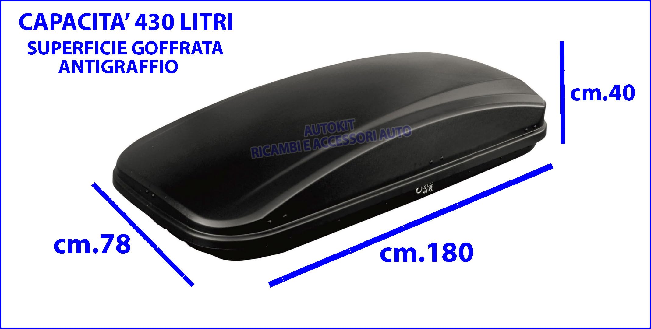 BOX BAULE da Tetto AUTO da 430 LITRI (180 x 78 x 40 cm.) PORTATUTTO PORTAPACCHI PORTABAGAGLI FARAD CRUB NERO GOFFRATO ANTIGRAFFIO - 1-93431