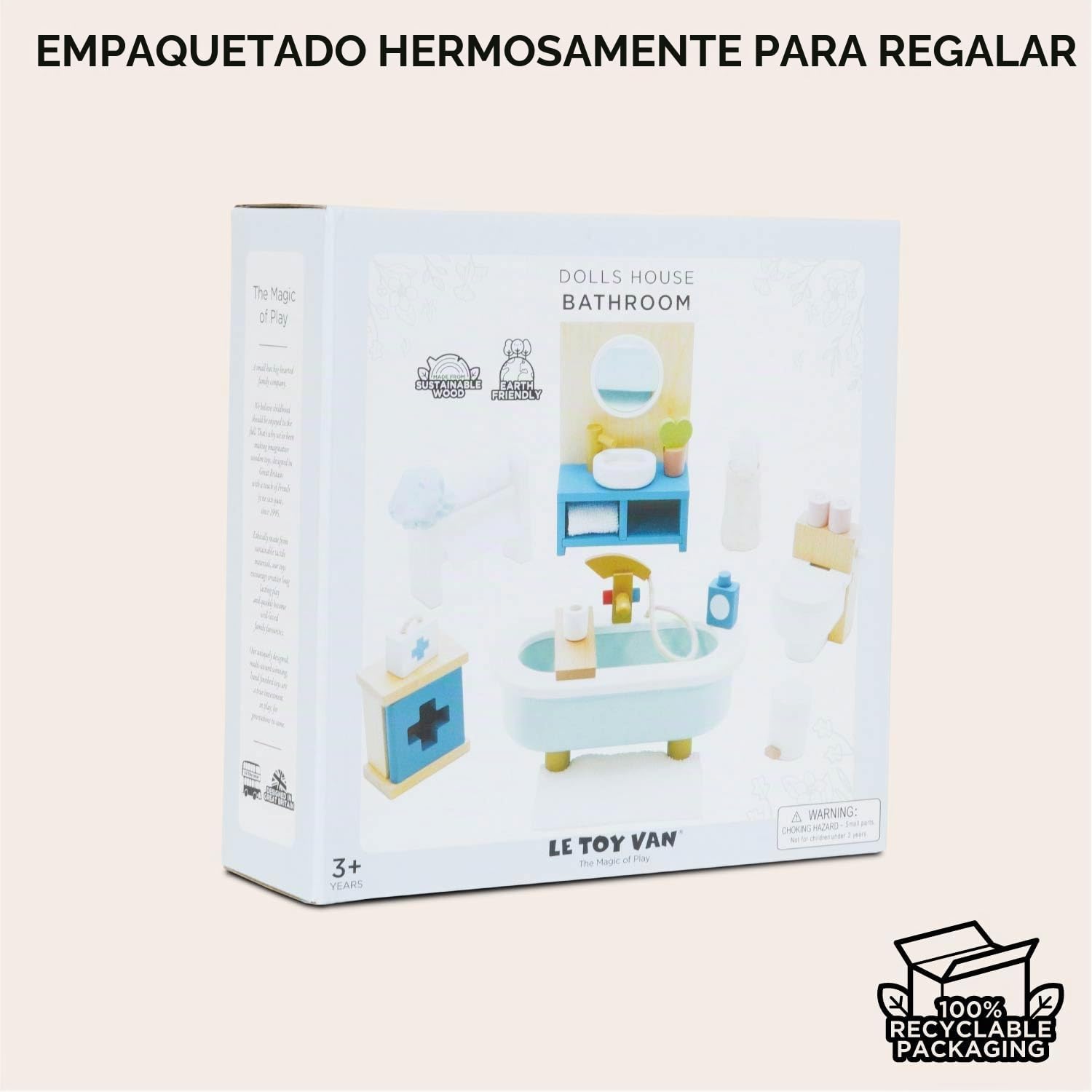 Le Toy Van - ME060 - Baño de casa de muñecas, 3 años, Juguete Educativo, Juego de Muebles de Madera de 19 Piezas, Juguetes ecológicos, Montessori, Incluye Accesorios de baño