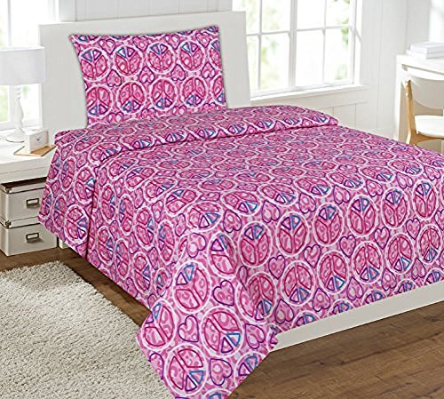 MK Collection Twin Size 3pc Sheet Set Pink Purple Heart Peace Sign Teens/Girls Pink New #Peace Pink