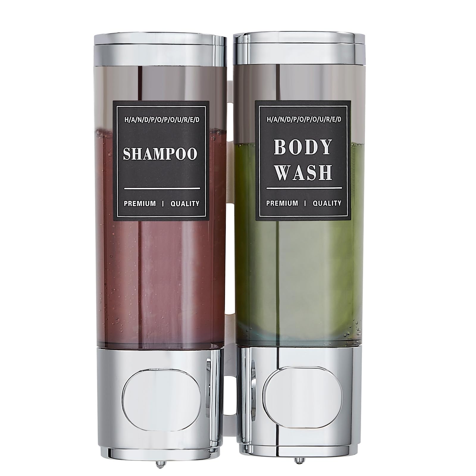 Dispensador de Jabón de Ducha 3 Recipientes, Sin Taladro – Dosificador para Champú, Acondicionador y Gel de Ducha de Gran Capacidad (2x300ml, Plata) para Baño, Cocina, Hotel Plata 2 cámaras Global Recycled Standard Global Recycled Standard Global Recycled Standard