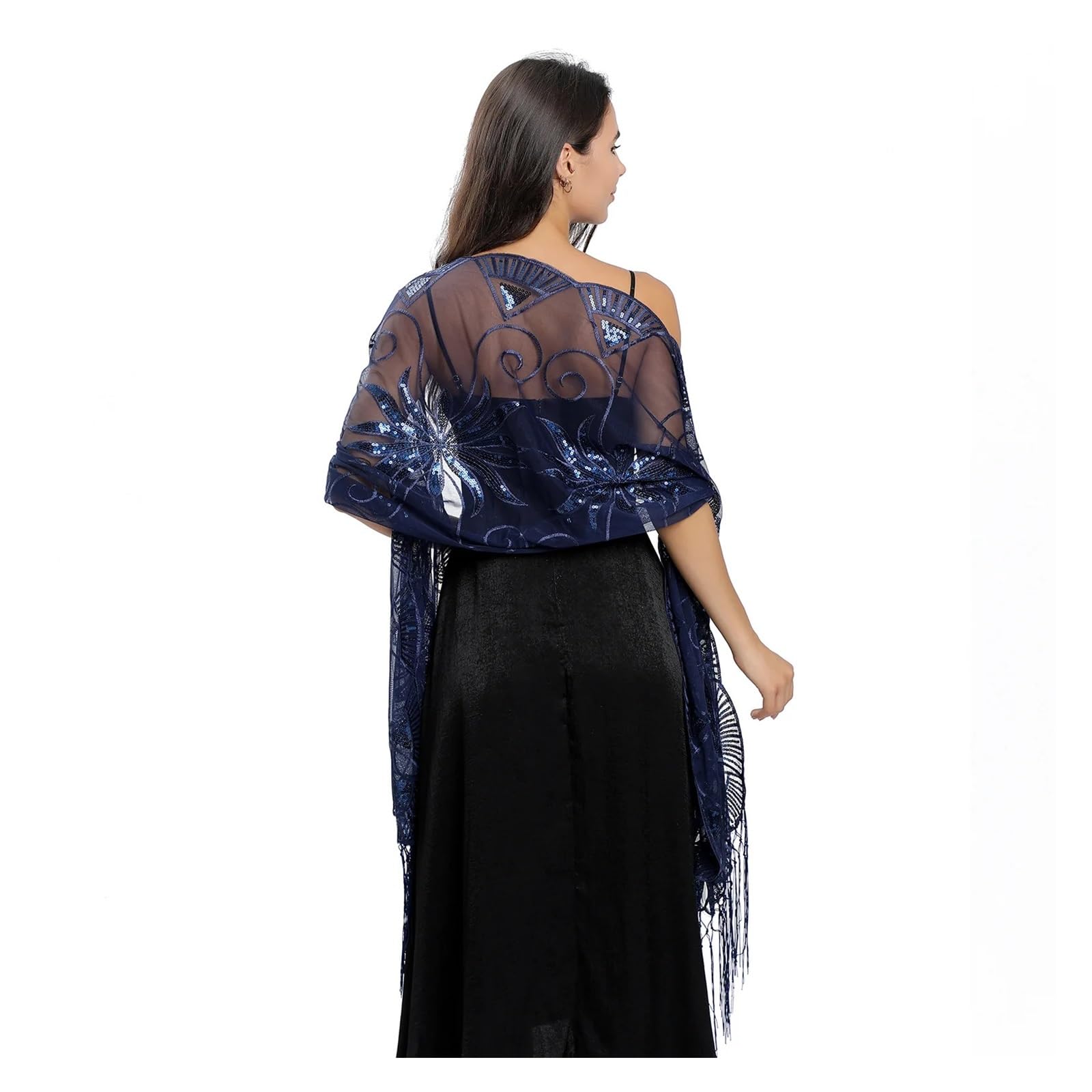 Chal de lentejuelas brillantes Mantón largo bordado de lentejuelas for vestido noche fiesta dama honor, mantón elegante poliéster