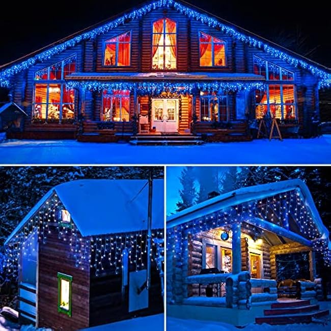 300 LED Solar Icicle Lights Outdoor with Remote Control, 33ft 8 Modes Curtain String Lights with 50 Drops, Christmas Holiday Wedding Party Decorations, Blue+White