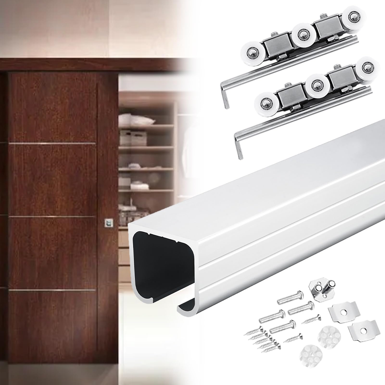 Kit Puerta Corredera Sistema Completo De Rieles Para Puertas Corredizas De Granero Montadas En El Techo, Kit De Herrajes Para Puertas Corredizas, Silver, 8ft/2.40m