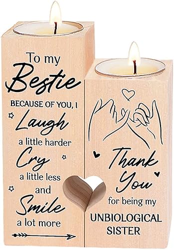 Women Gifts for Birthday, Friendship Sister Candles for Best Friends, Beautiful Heart Candlesticks Wooden Candle Holders, Unbiological Sister Candles Gifts to Bestie, Personalized Gifts for Women