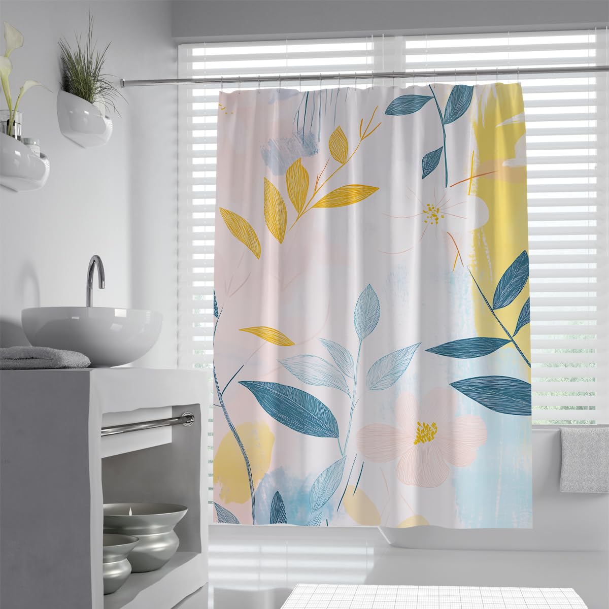 UERWOWELL Minimalist Botanical Shower Curtain for Bathroom Watercolor Leaf Floral Pattern Fabric Bath Curtains Scandinavian Boho Bathtub Decor W150xL200 cm