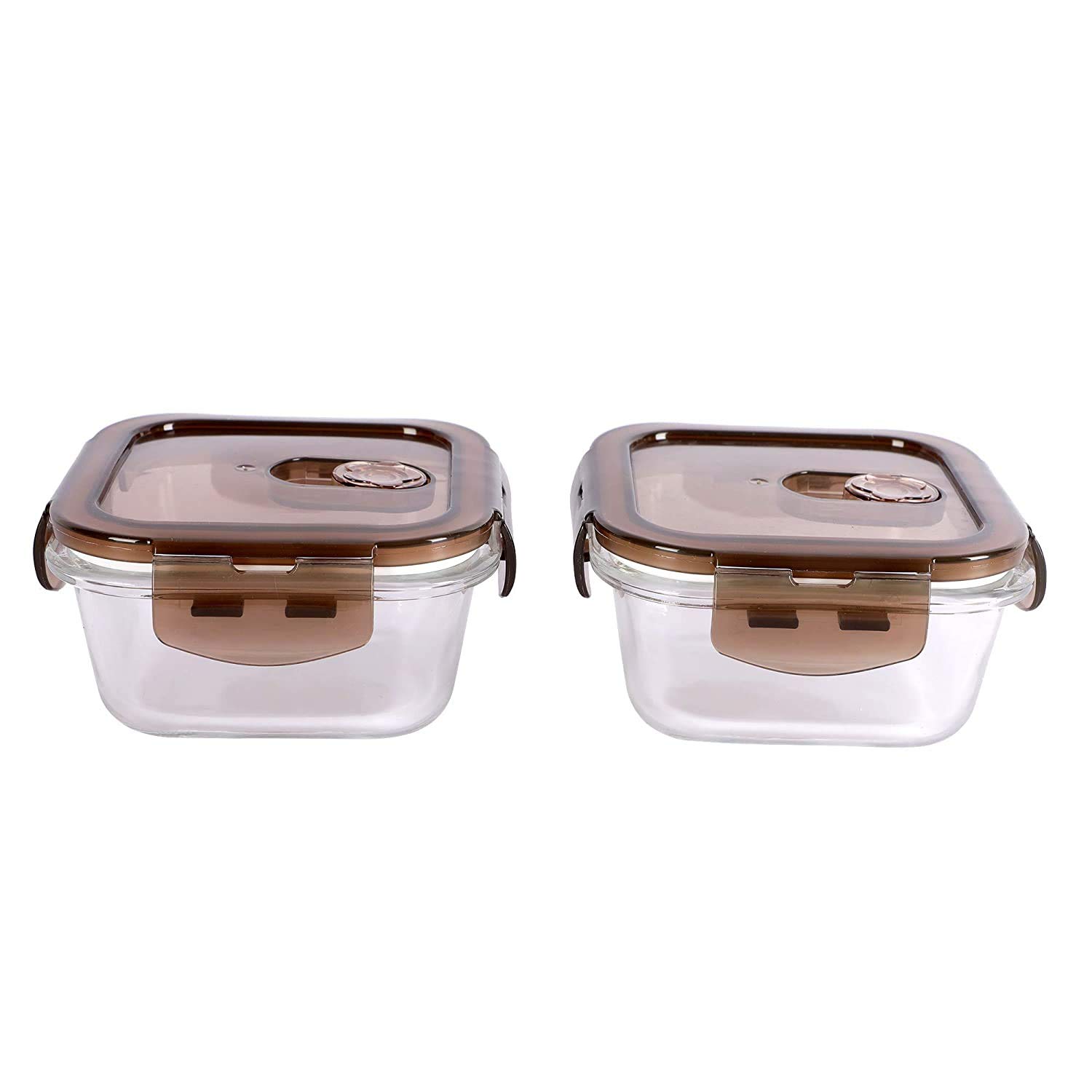 Cutting EDGE 320ml Square Store Fresh n Lock with Air Vent Borosilicate Bakeware Safe Storage Glass Container (Brown Lid, Set of 2)