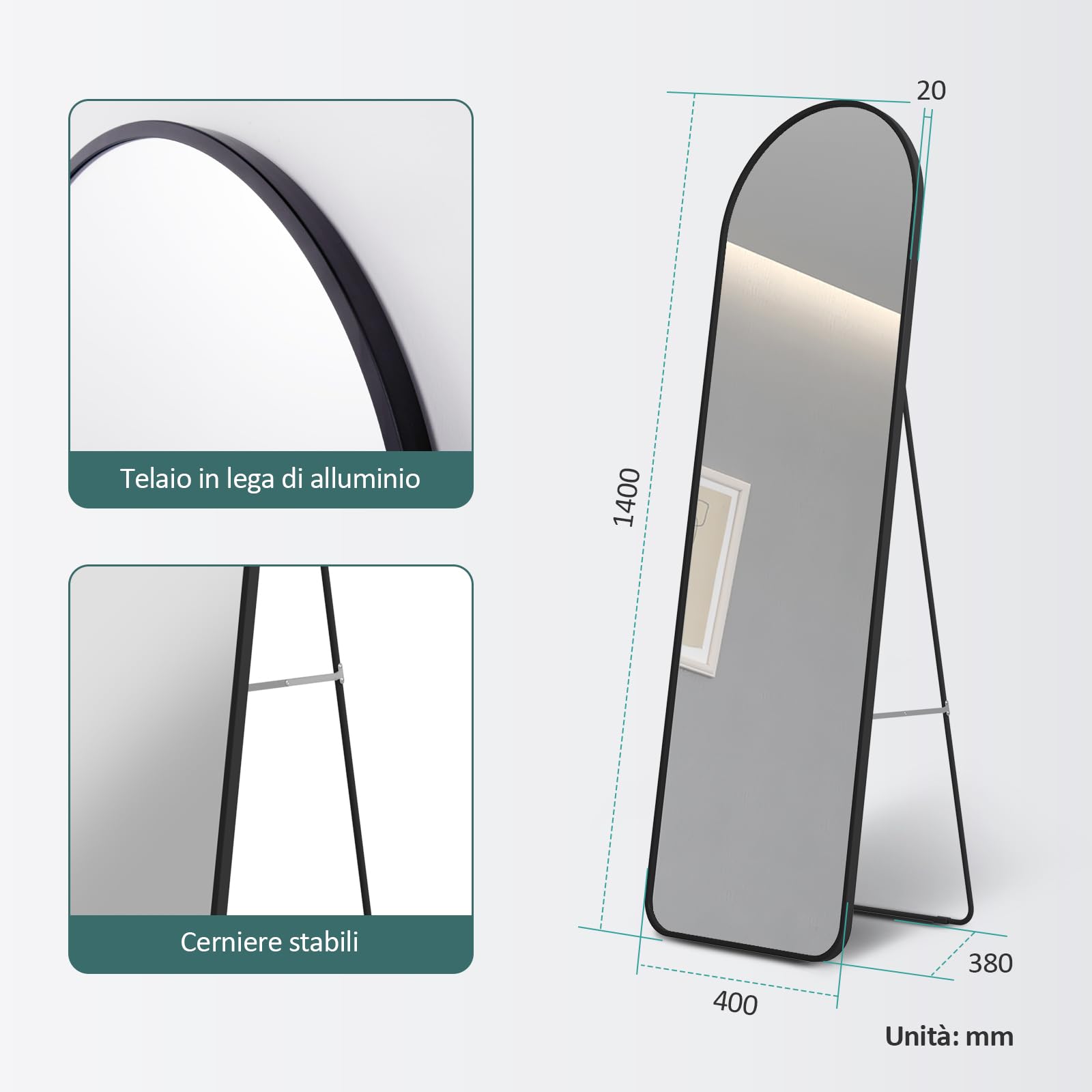 EMKE Specchio ad Arco da Terra, Nero, 140x40 cm, Grande Specchio a Figura Intera, da Appoggiare o da Fissare, Specchio da Parete, Ideale per Camera da Letto, Soggiorno o Ingresso
